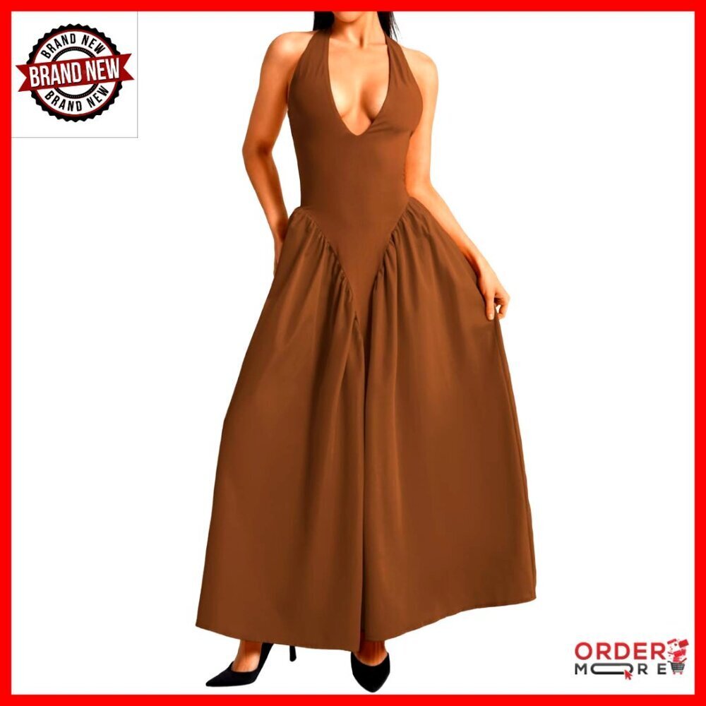 Deep V Neck Halter Maxi Dress Vintage Elegant Wedding Guest Formal Corset